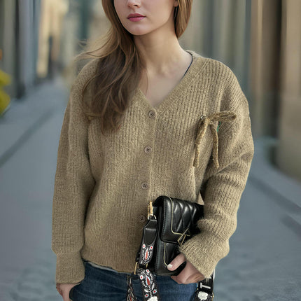Solid Color Loose Women's Sweater V-Neck Casual Bowknitted Button Cardigan