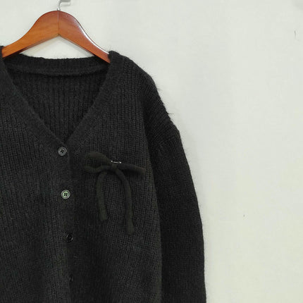 Solid Color Loose Women's Sweater V-Neck Casual Bowknitted Button Cardigan