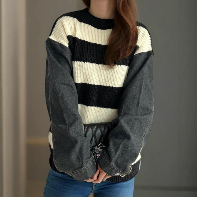 Denim Splicing Long Sleeve Striped Round Neck Knitted Sweater Women's Casual Pullover