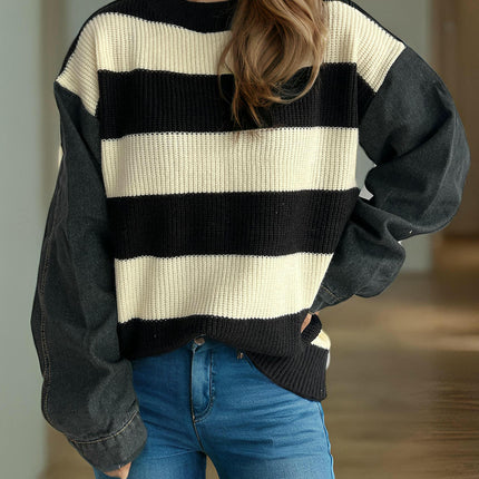 Denim Splicing Long Sleeve Striped Round Neck Knitted Sweater Women's Casual Pullover