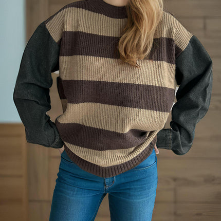 Denim Splicing Long Sleeve Striped Round Neck Knitted Sweater Women's Casual Pullover