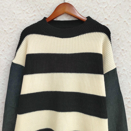 Denim Splicing Long Sleeve Striped Round Neck Knitted Sweater Women's Casual Pullover