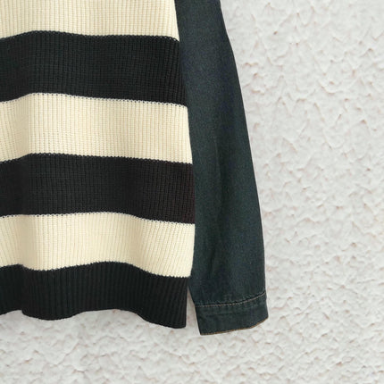Denim Splicing Long Sleeve Striped Round Neck Knitted Sweater Women's Casual Pullover