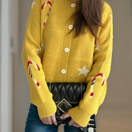 Women's Star Stitching Sweater Round Neck Long Sleeve Button Knit Cardigan
