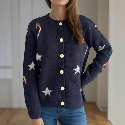 Women's Star Stitching Sweater Round Neck Long Sleeve Button Knit Cardigan