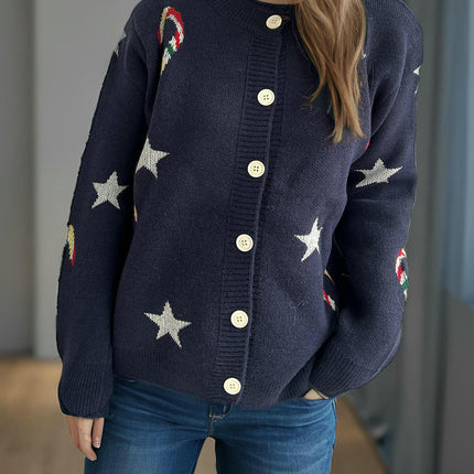 Women's Star Stitching Sweater Round Neck Long Sleeve Button Knit Cardigan
