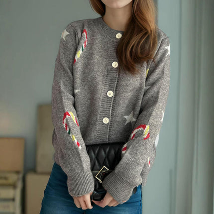 Women's Star Stitching Sweater Round Neck Long Sleeve Button Knit Cardigan