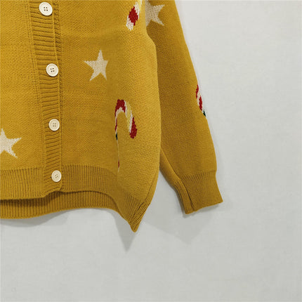 Women's Star Stitching Sweater Round Neck Long Sleeve Button Knit Cardigan
