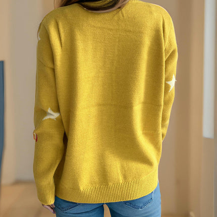 Women's Star Stitching Sweater Round Neck Long Sleeve Button Knit Cardigan