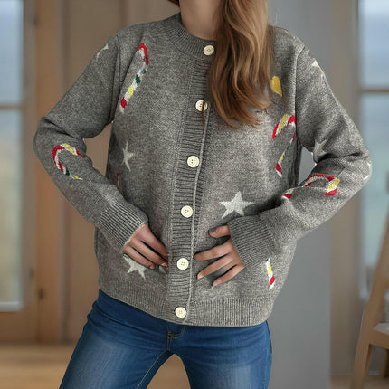 Women's Star Stitching Sweater Round Neck Long Sleeve Button Knit Cardigan