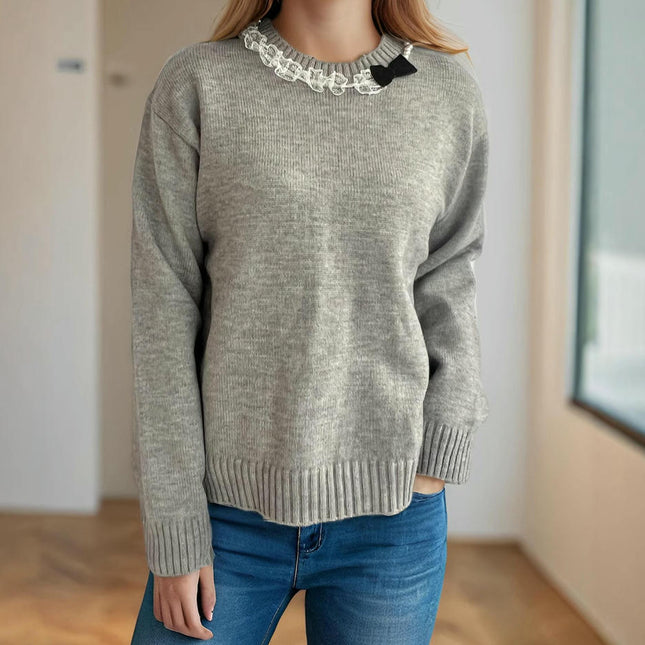 Beaded Bowknot Round Neck Sweater Women Autumn and Winter Casual Long Sleeve Knitted Top