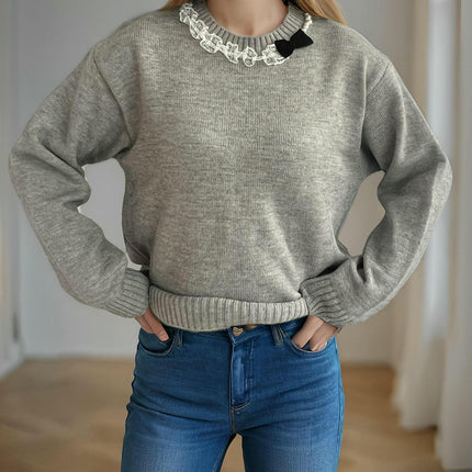 Beaded Bowknot Round Neck Sweater Women Autumn and Winter Casual Long Sleeve Knitted Top
