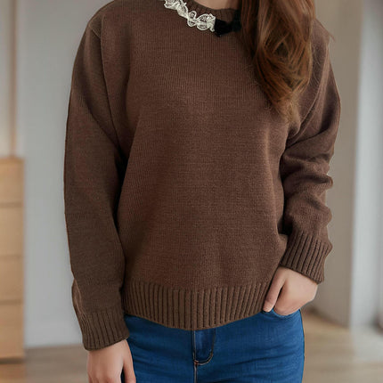 Beaded Bowknot Round Neck Sweater Women Autumn and Winter Casual Long Sleeve Knitted Top