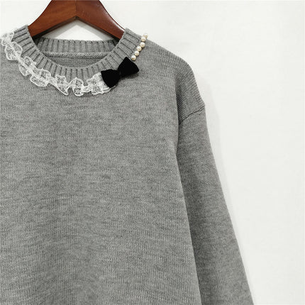 Beaded Bowknot Round Neck Sweater Women Autumn and Winter Casual Long Sleeve Knitted Top
