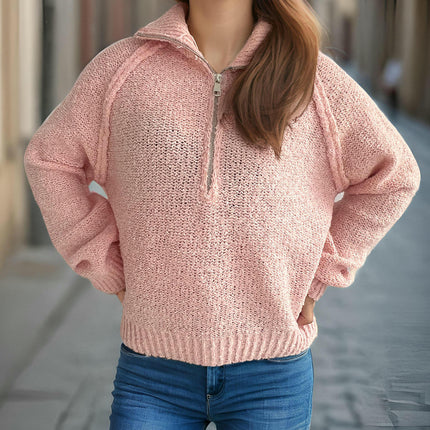 Long Sleeve Knitted Sweater 1/4 Zipper Solid Color Loose Pullover Sweater Women