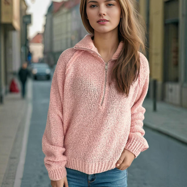 Long Sleeve Knitted Sweater 1/4 Zipper Solid Color Loose Pullover Sweater Women