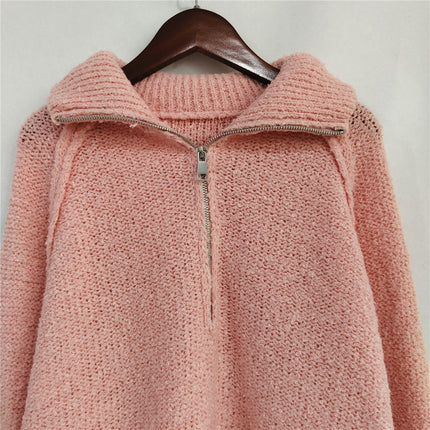 Long Sleeve Knitted Sweater 1/4 Zipper Solid Color Loose Pullover Sweater Women