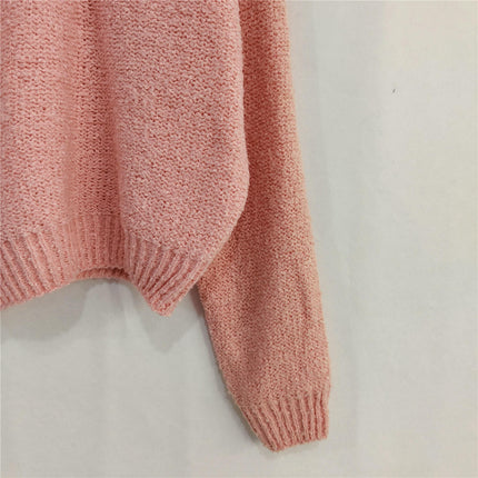 Long Sleeve Knitted Sweater 1/4 Zipper Solid Color Loose Pullover Sweater Women