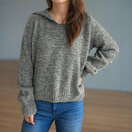 Autumn Solid Color Casual Women's Sweater Lapel Loose Long Sleeve Pullover Sweater