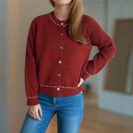 Autumn and Winter Women's Sweater Round Neck Casual Loose Stitching Knitted Cardigan Top