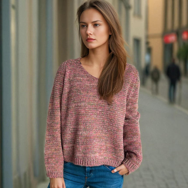 Long-Sleeved Knitted Sweater Autumn V-neck Casual Thin Contrast Color Pullover