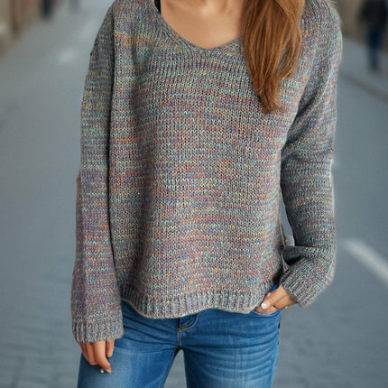 Long-Sleeved Knitted Sweater Autumn V-neck Casual Thin Contrast Color Pullover