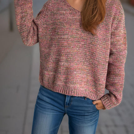 Long-Sleeved Knitted Sweater Autumn V-neck Casual Thin Contrast Color Pullover