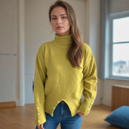 Turtleneck Pullover Knitted Cardigan Casual Solid Color Slit Button Sweater Women