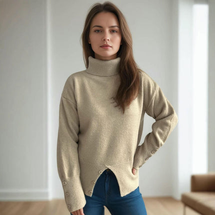 Turtleneck Pullover Knitted Cardigan Casual Solid Color Slit Button Sweater Women