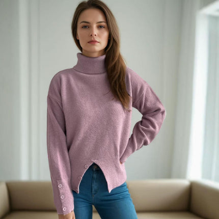 Turtleneck Pullover Knitted Cardigan Casual Solid Color Slit Button Sweater Women