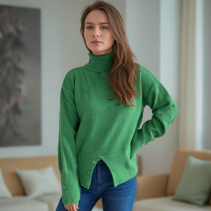 Turtleneck Pullover Knitted Cardigan Casual Solid Color Slit Button Sweater Women