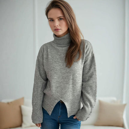 Turtleneck Pullover Knitted Cardigan Casual Solid Color Slit Button Sweater Women