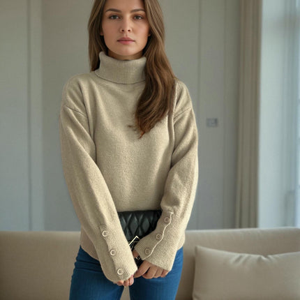 Turtleneck Pullover Knitted Cardigan Casual Solid Color Slit Button Sweater Women