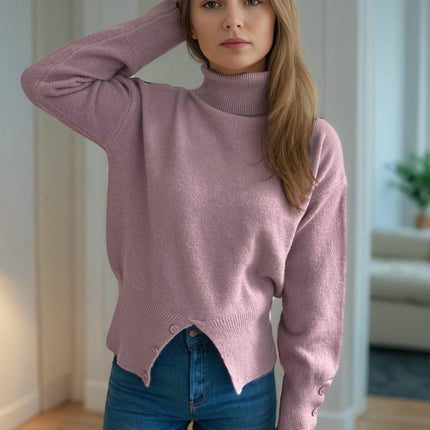 Turtleneck Pullover Knitted Cardigan Casual Solid Color Slit Button Sweater Women
