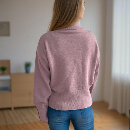 Turtleneck Pullover Knitted Cardigan Casual Solid Color Slit Button Sweater Women