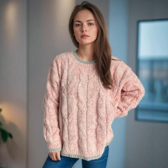 Retro Cable Knit Sweater Women's Loose Contrast Color Round Neck Pullover Knit Top