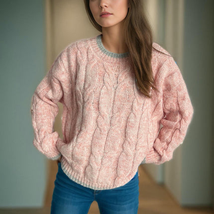 Retro Cable Knit Sweater Women's Loose Contrast Color Round Neck Pullover Knit Top