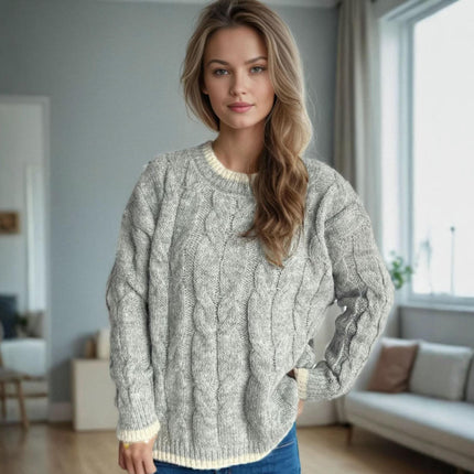 Retro Cable Knit Sweater Women's Loose Contrast Color Round Neck Pullover Knit Top