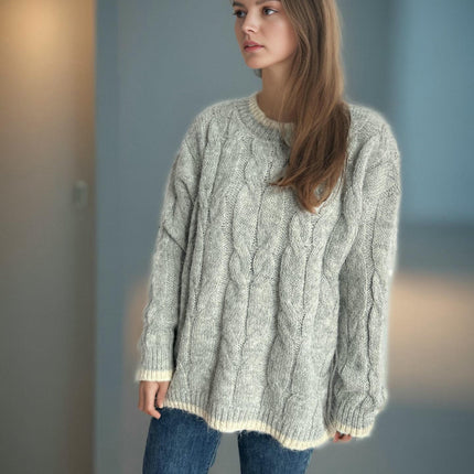 Retro Cable Knit Sweater Women's Loose Contrast Color Round Neck Pullover Knit Top