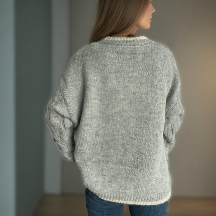 Retro Cable Knit Sweater Women's Loose Contrast Color Round Neck Pullover Knit Top