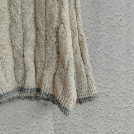 Retro Cable Knit Sweater Women's Loose Contrast Color Round Neck Pullover Knit Top
