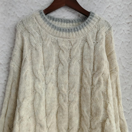 Retro Cable Knit Sweater Women's Loose Contrast Color Round Neck Pullover Knit Top