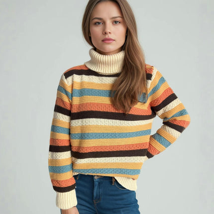 Turtleneck Colorful Striped Pullover Sweater Women's Winter Casual Loose Knitted Top