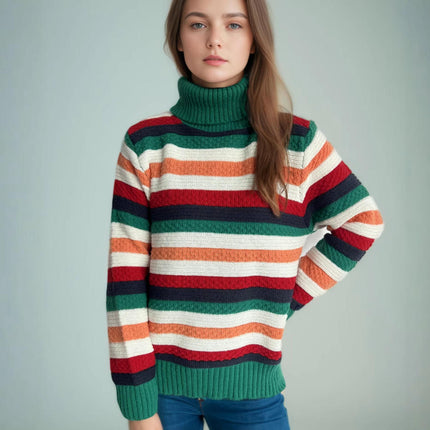 Turtleneck Colorful Striped Pullover Sweater Women's Winter Casual Loose Knitted Top