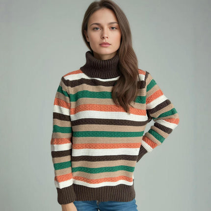 Turtleneck Colorful Striped Pullover Sweater Women's Winter Casual Loose Knitted Top