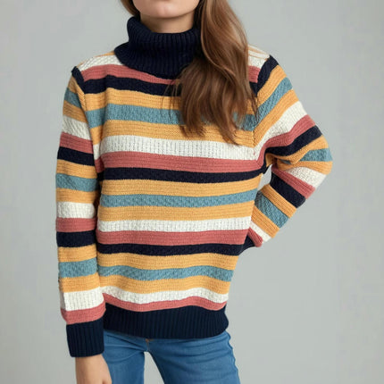Turtleneck Colorful Striped Pullover Sweater Women's Winter Casual Loose Knitted Top