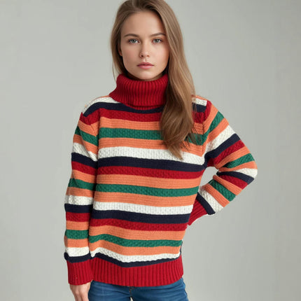 Turtleneck Colorful Striped Pullover Sweater Women's Winter Casual Loose Knitted Top