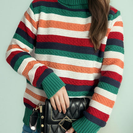 Turtleneck Colorful Striped Pullover Sweater Women's Winter Casual Loose Knitted Top