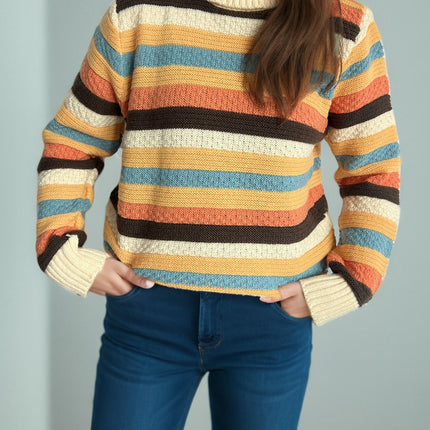 Turtleneck Colorful Striped Pullover Sweater Women's Winter Casual Loose Knitted Top
