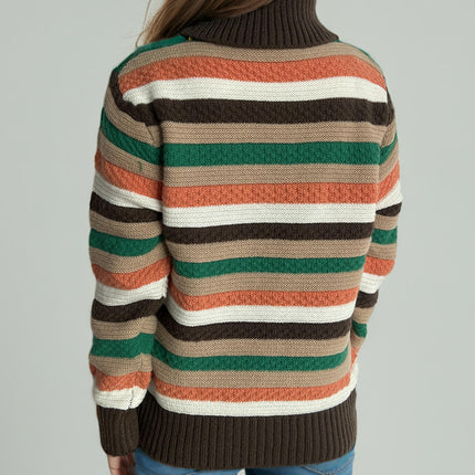 Turtleneck Colorful Striped Pullover Sweater Women's Winter Casual Loose Knitted Top